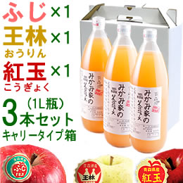 みかみ家のりんごジュース3本セット[ふじ×1、王林×1、紅玉×1][1L]